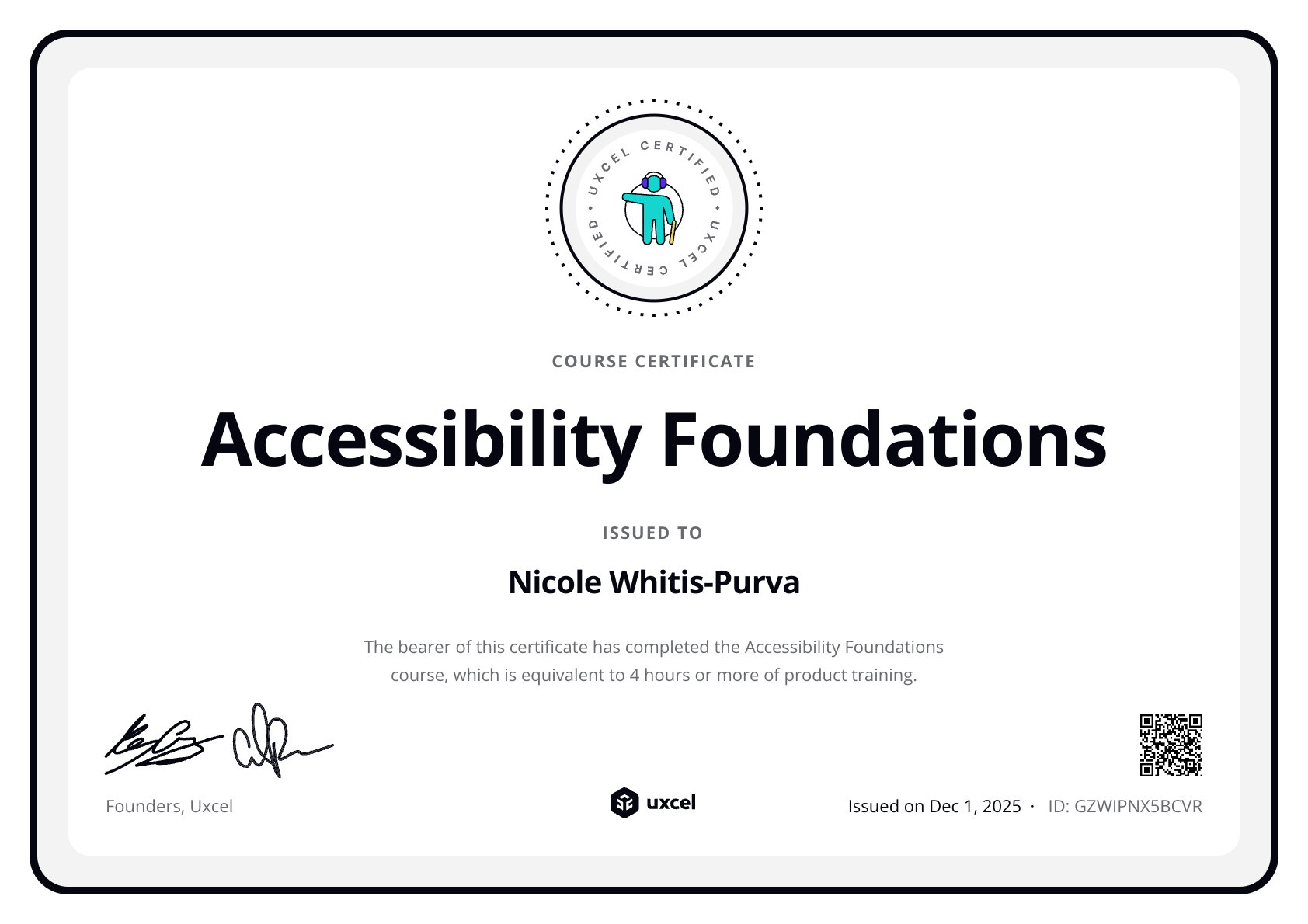 Nicole Whitis-Purva's certificate